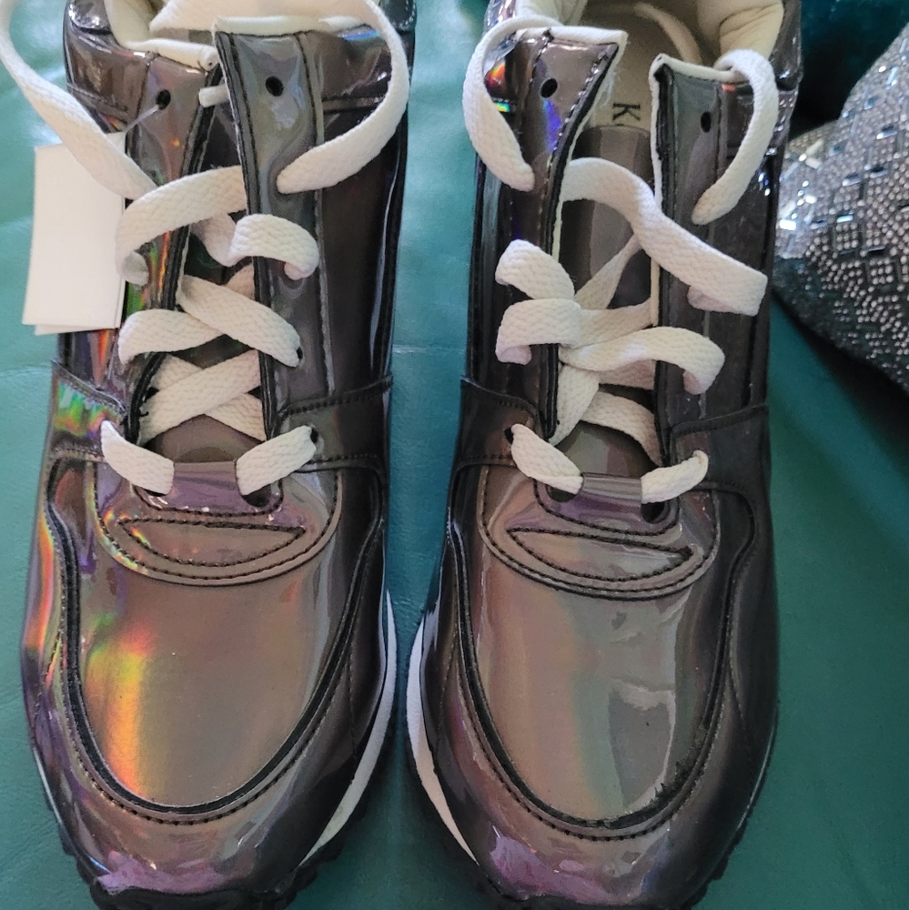 Iridescent bronze holographic sneakers or tennis shoes, size 7M; new.
